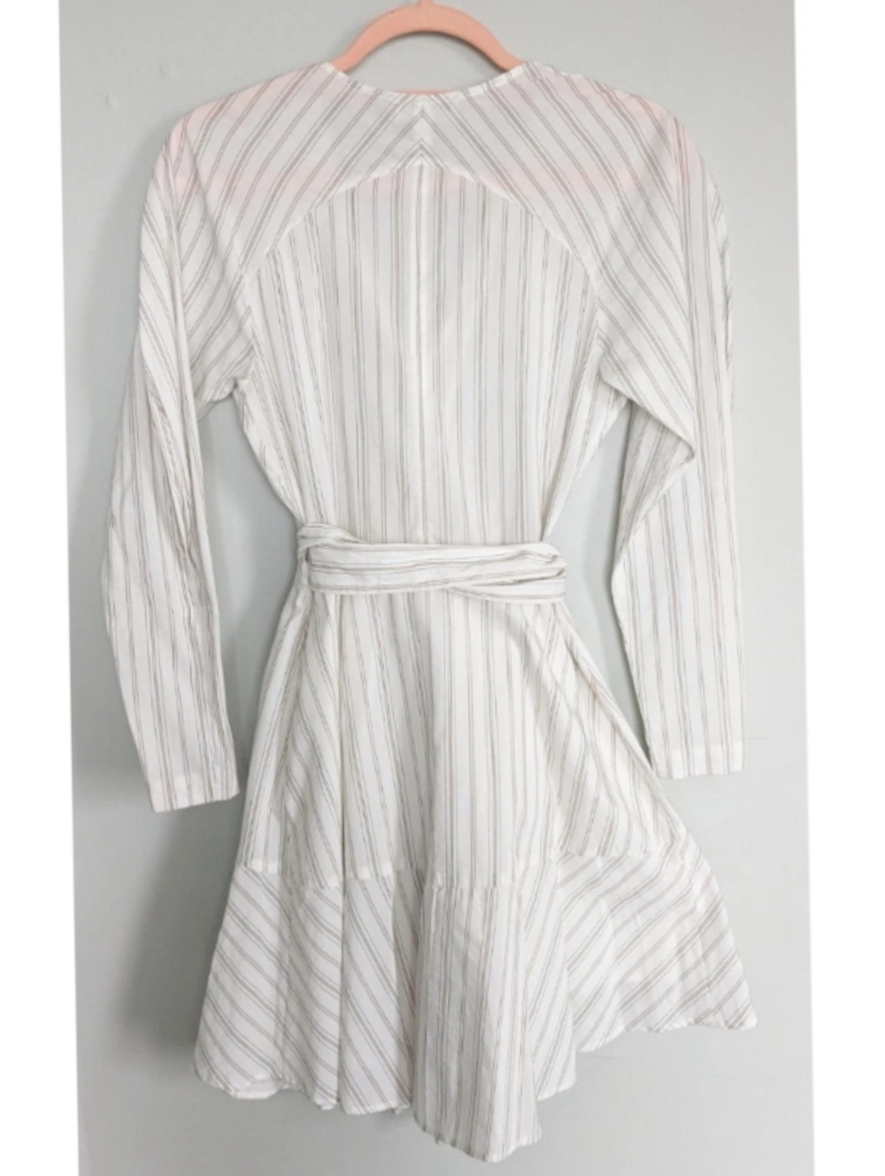 A.L.C. ENZO STRIPED PUFF SLEEVE WRAP DRESS IN WHITE/SALMON - Picture 8 of 9